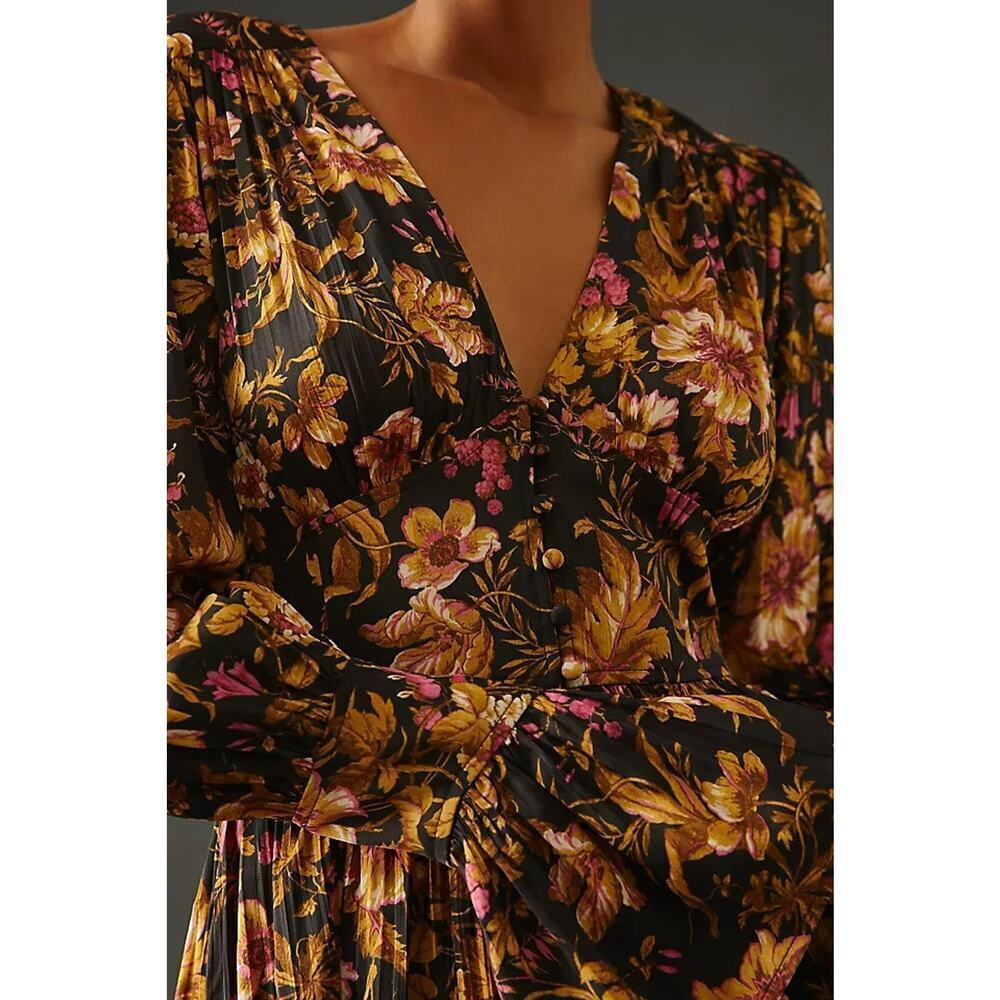Anthropologie Deep V Floral Tunic Blouse Top Size Small Long Sleeves Romantic - Picture 5 of 14